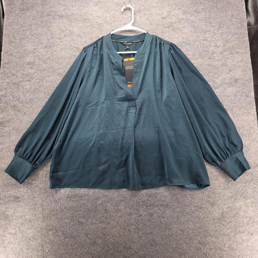 Banana Republic Blouse Womens 2XL Teal V-Neck Satin Long Sleeve Dressy B-1815329